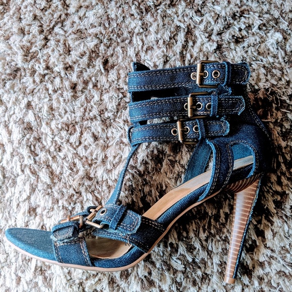 Dots Shoes - Jean Open Toe Stiletto with Ankle Buckle